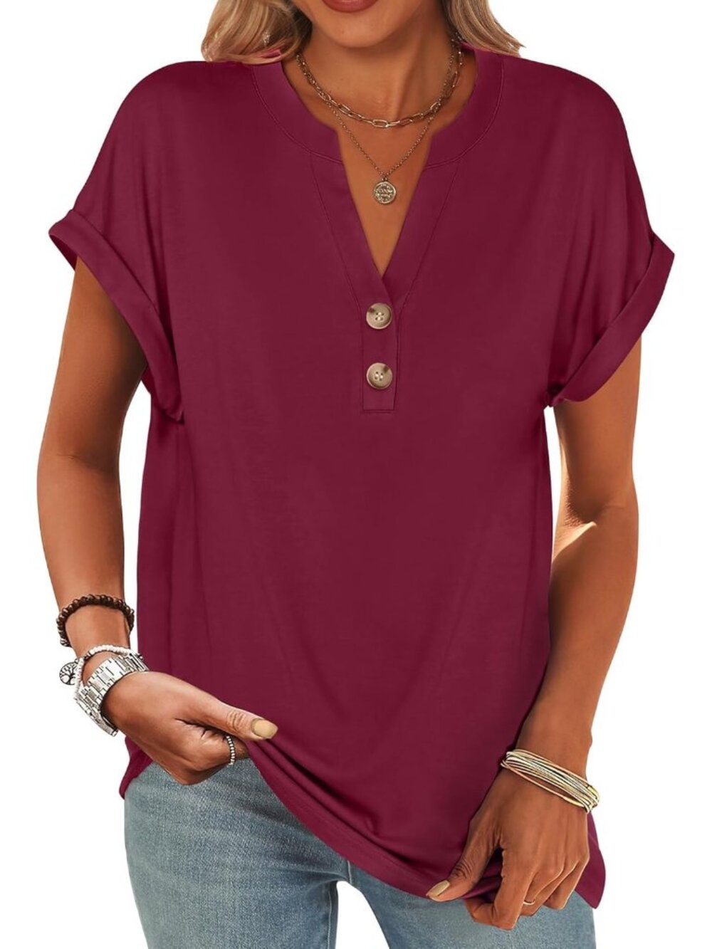 Women's Burgundy Summer Short Sleeves Henley V Neck Comfortable Trendy Tee Shirt